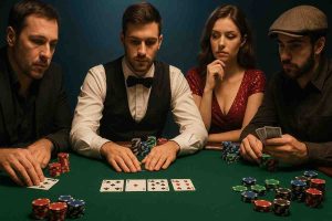 Dealer ao vivo distribuindo cartas em uma mesa de poker do CHANELJOGO
