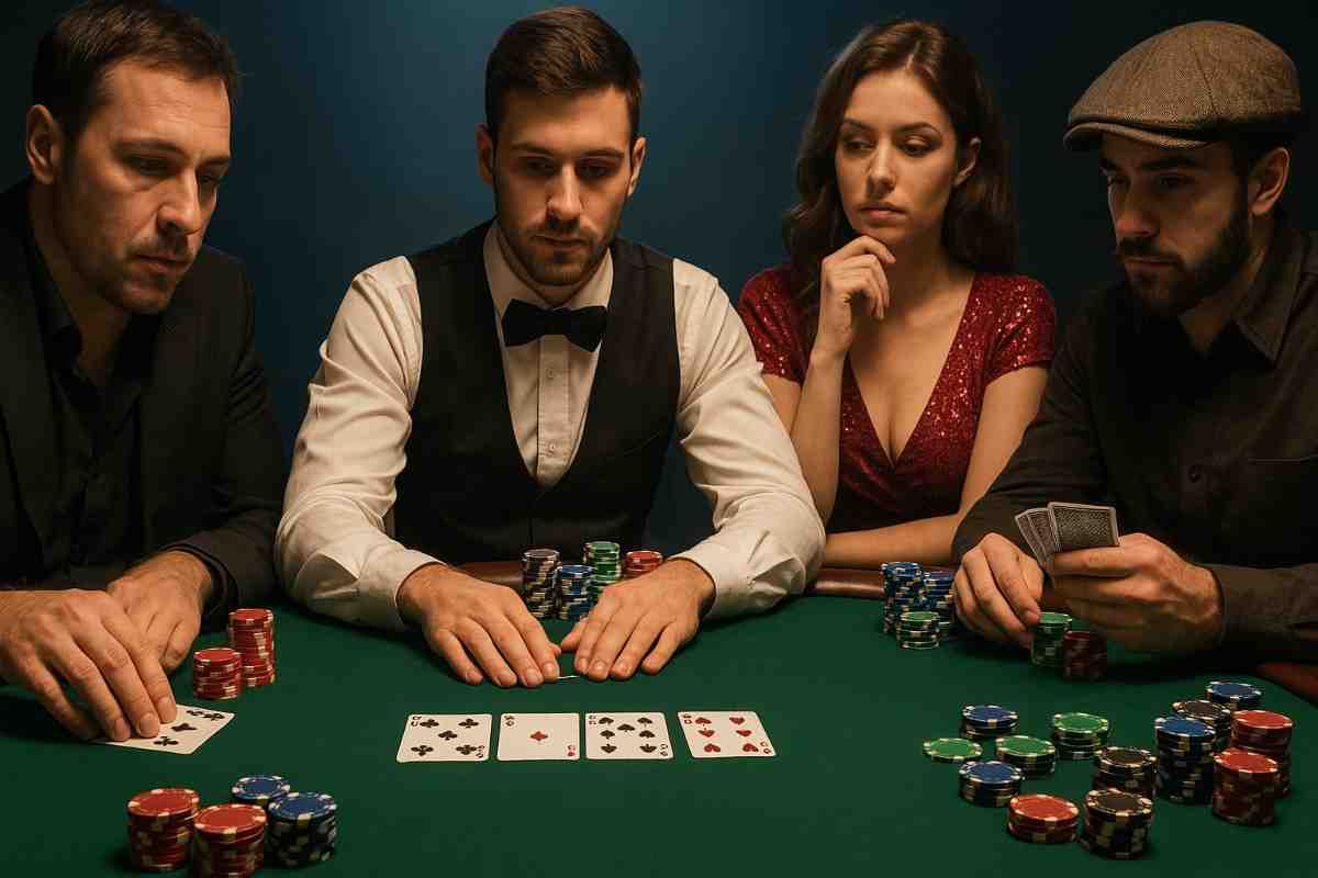 Dealer ao vivo distribuindo cartas em uma mesa de poker do CHANELJOGO